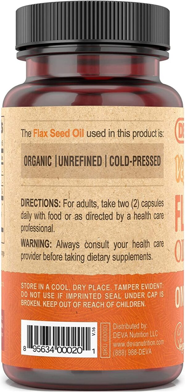 Detalle etiqueta vitaminas veganas Deva aceite linaza