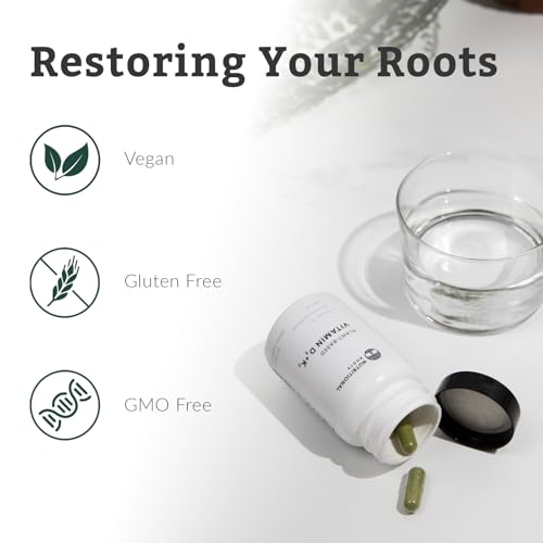 Detalle etiquetas Nutritional Roots vitamina D3 y K2 30 cápsulas