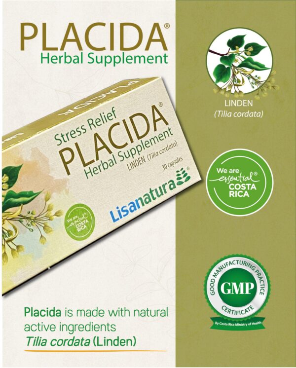 Detalle frasco con 30 cápsulas suplemento herbal Lisanatura Placida