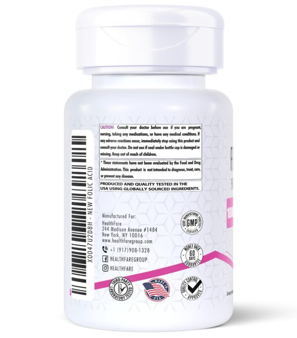 Detalle del frasco Healthfare ácido fólico