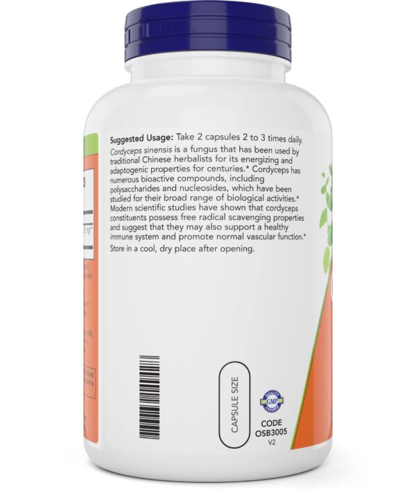 Detalle del frasco de suplemento orgánico de cordyceps NOW Foods