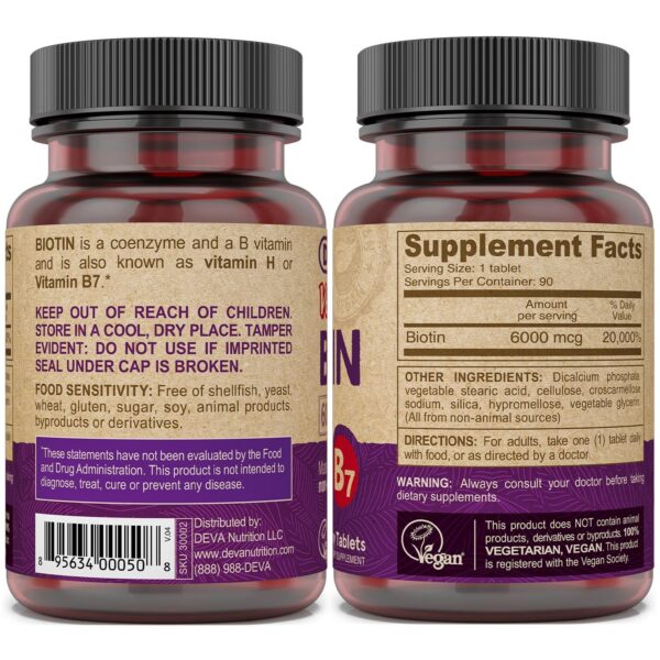 Detalle del frasco del suplemento vegano biotina DEVA 90 unidades