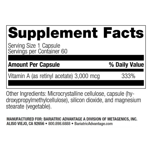 Detalle frasco suplemento vitamina a bariatric advantage 60 cápsulas mini
