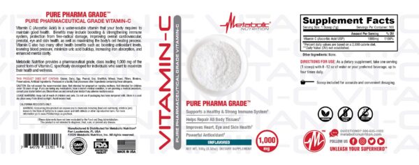 Detalle frasco vitamina C Metabolic Nutrition alta absorción