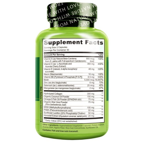 Detalle frasco vitaminas NATURELO biotina y colágeno para cabello y piel