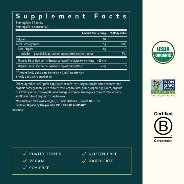 Detalle de gomitas moradas Gaia Herbs para niños con saúco