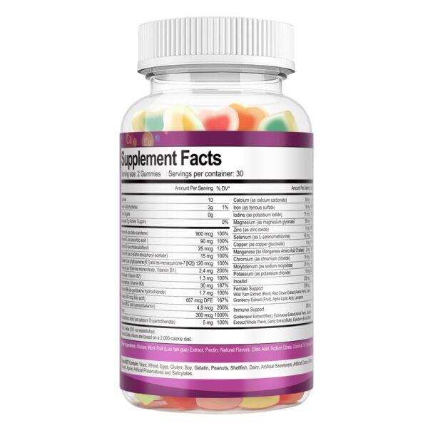 Detalle de gomitas multivitaminas sin azúcar para mujeres con sabores mixtos