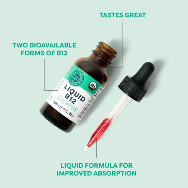 Detalle gotero botella Vimergy B12 líquida orgánica vegana