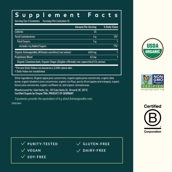 Detalle paquete gomitas ashwagandha Gaia Herbs 45 unidades