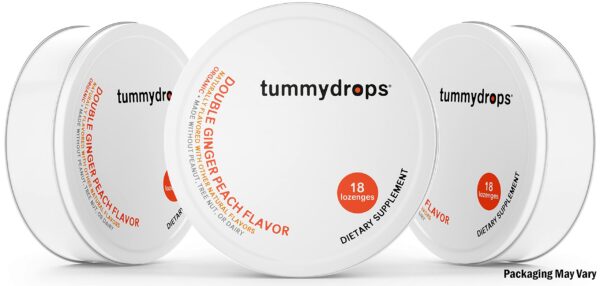 Detalle de pastillas Tummydrops envueltas individualmente sabor durazno y jengibre