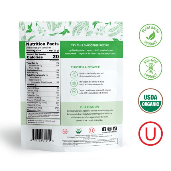 Detalle polvo chlorella orgánico Organic Traditions superalimento