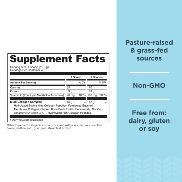 Detalle de polvo de colágeno protein sabor chocolate Ancient Nutrition