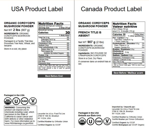 Detalle del polvo Cordyceps Food to Live en cucharas