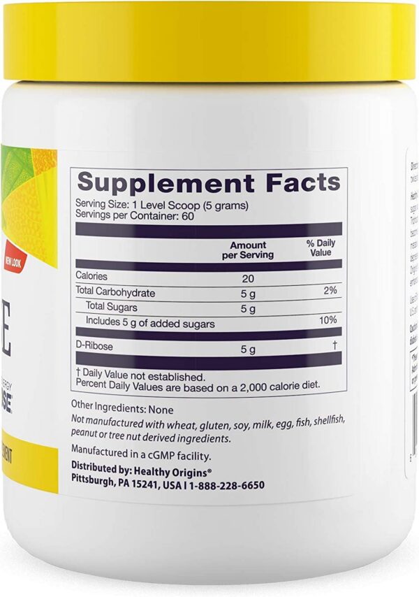 Detalle del polvo blanco de D-Ribosa Healthy Origins para energía celular