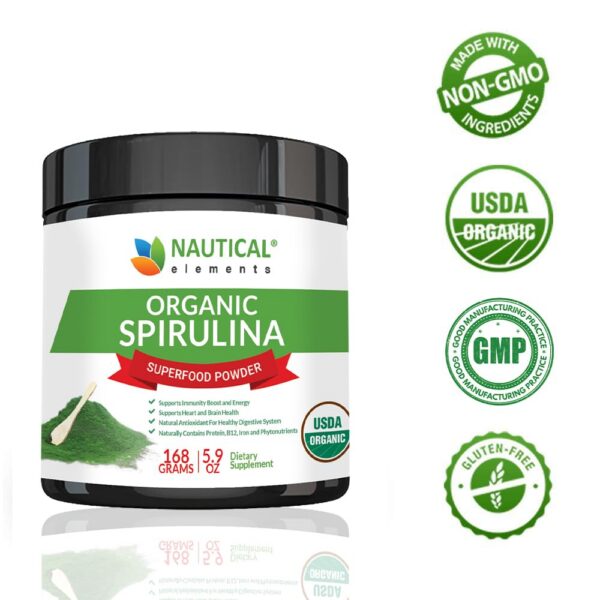 Detalle del polvo de espirulina azul-verde vegano