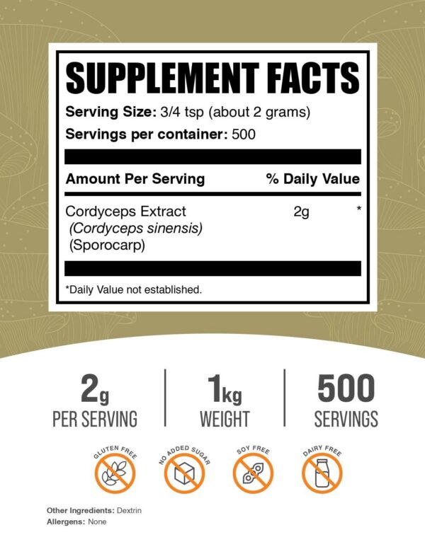 Detalle del polvo extracto cordyceps BulkSupplements para salud