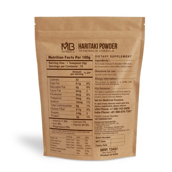 Detalle de polvo Haritaki MB Herbals en envase cerrado