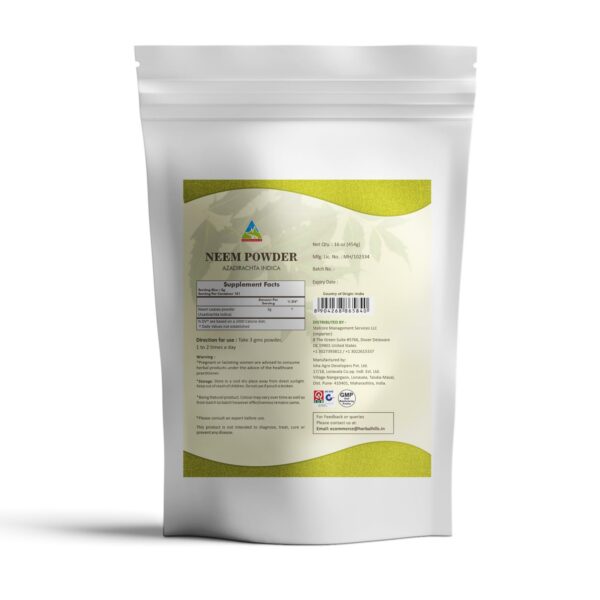 Detalle del polvo de hoja de neem Herbal Hills en paquete combo