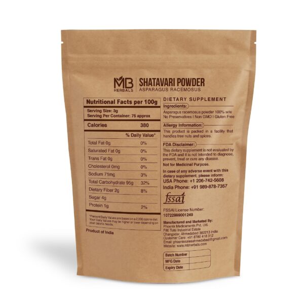 Detalle del polvo natural de Shatavari MB Herbals 227 gramos