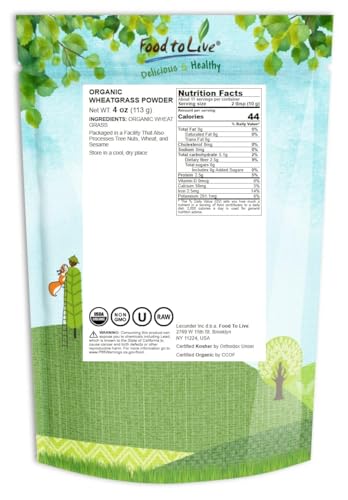 Detalle del polvo de pasto de trigo orgánico Food to Live