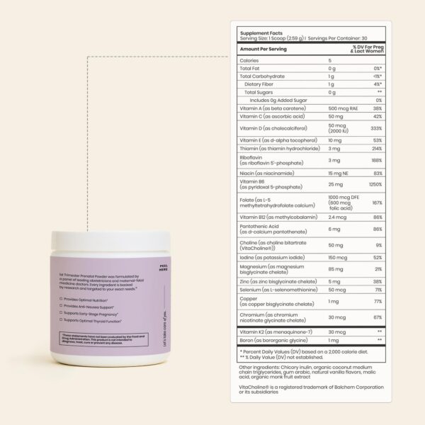 Detalle polvo prenatal Perelel con DHA y methylfolate