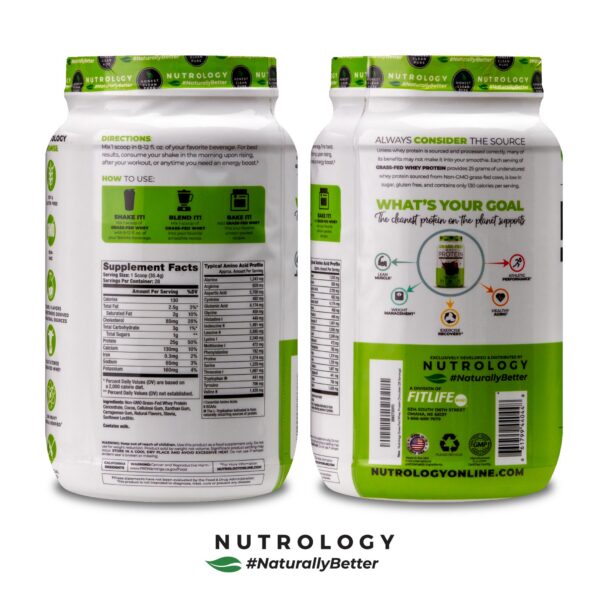 Detalle del polvo de proteína whey Nutrology sabor chocolate
