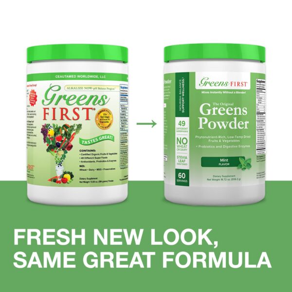 Detalle del polvo superalimento Greens First con frutas y verduras