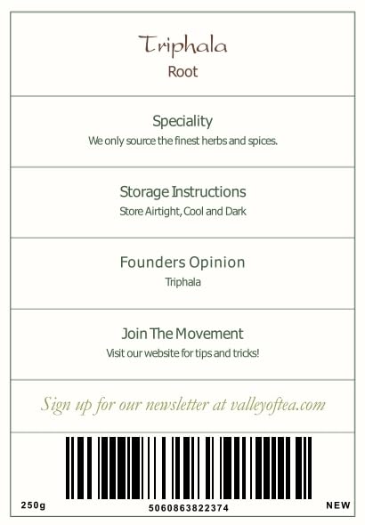 Detalle del polvo de Triphala natural de Valley of Tea