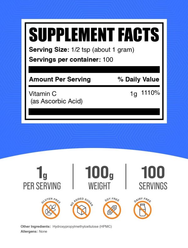 Version 1.0.0 Detalle del polvo de vitamina c BulkSupplements en envase transparente