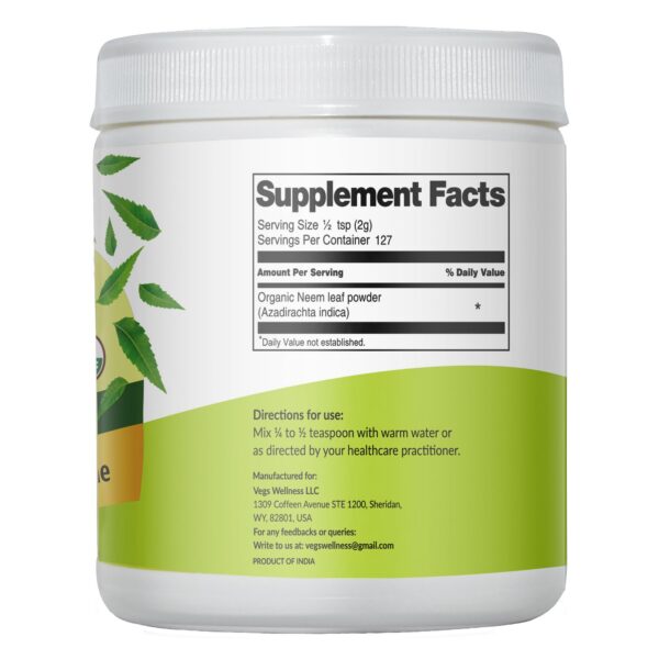 Detalle presentación polvo hoja de neem orgánico Vegs
