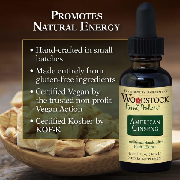 Detalle de raíz de ginseng americano Woodstock Herbal Products 1 onza