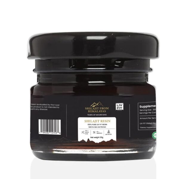 Version 1.0.0 Detalle de resina Shilajit natural Liv Fit en frasco de vidrio