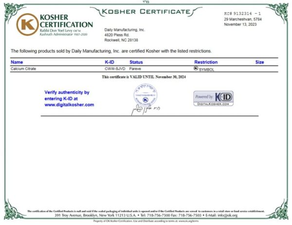 Detalle del sello certificado Kosher y cápsulas de calcio Daily
