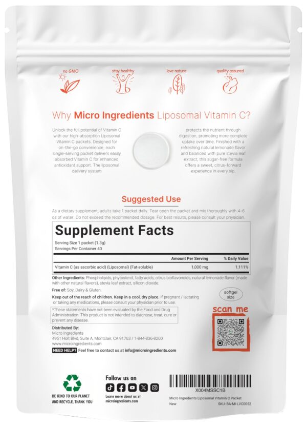 Detalle sobres individuales de vitamina C liposomal sabor limonada