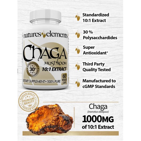 Detalle del suplemento Natures Elements Chaga con etiquetado