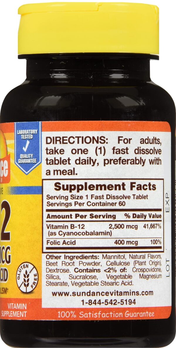 Detalle tabletas Sundance B-12 2500 mcg con ácido fólico
