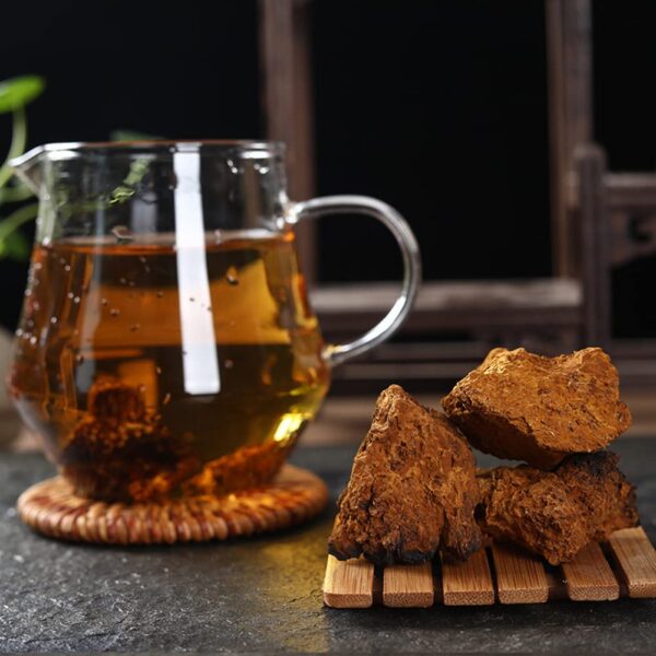 Detalle del té de chaga en trozos para infusión saludable