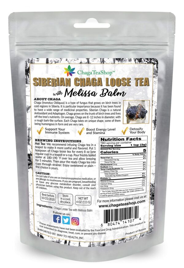 Version 1.0.0 Detalle del té suelto Chaga y bálsamo de melisa natural