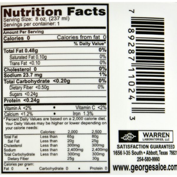 Detalle del texto y etiqueta George's Aloe Vera botella