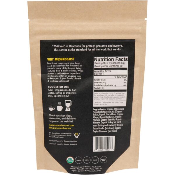 Detalles envase mezcla cacao con hongos Malama