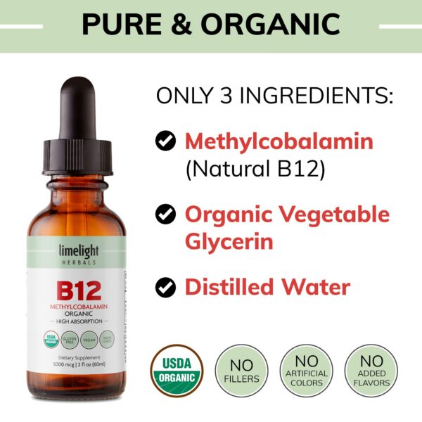 Detalles etiqueta gotas B12 orgánicas Limelight Herbals 2 fl oz
