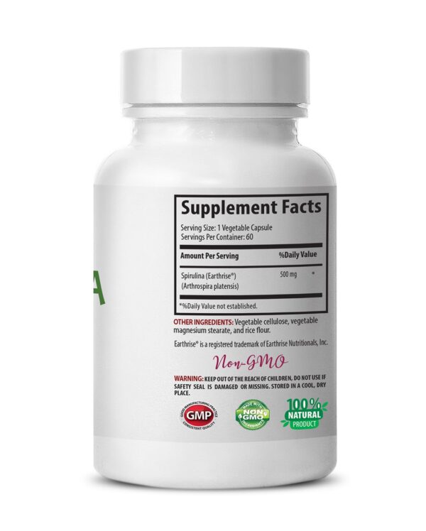Detalles del frasco de espirulina 500mg con antioxidantes