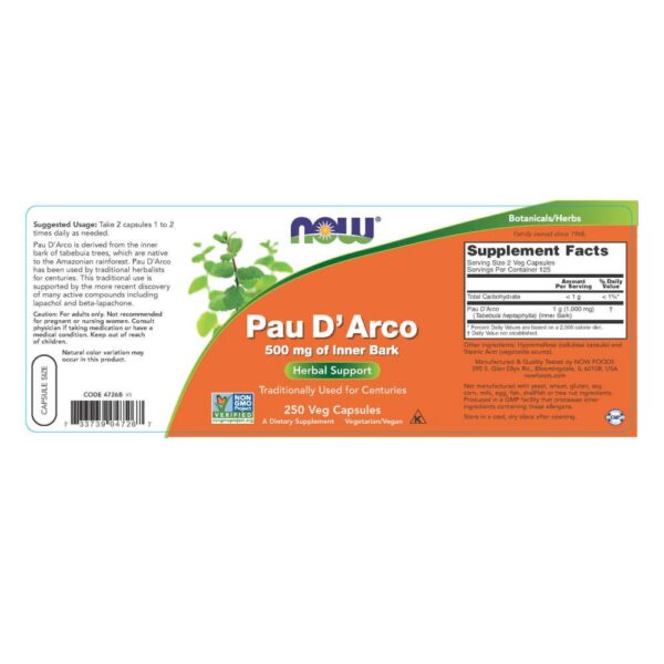 Detalles del paquete de Pau D' Arco 500 mg Now Foods