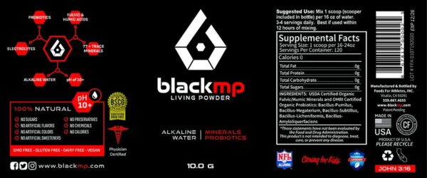 Version 1.0.0 Detalles probiótico BlackMP Living Powder con cuchara medidora