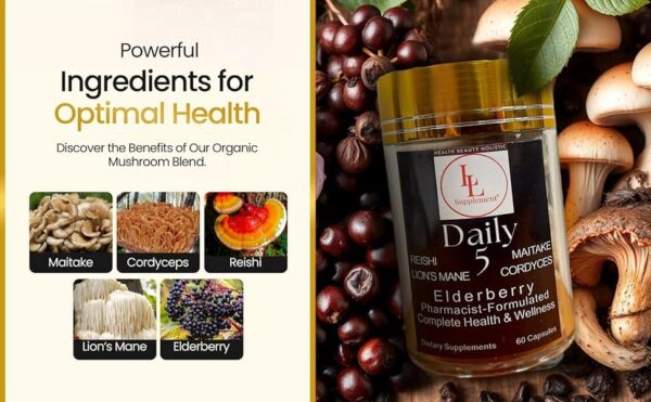 Detalles suplemento Daily 5 hongos Maitake Reishi Cordyceps