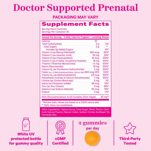 Detalles multivitaminas prenatal veganas gomitas Pink Stork