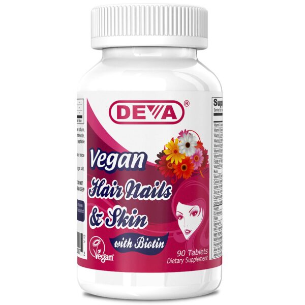 Frente del frasco DEVA Hair Nails Skin Vegano