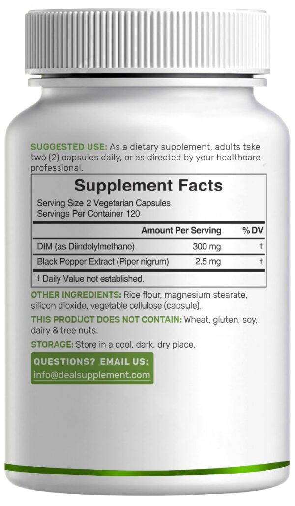 Frasco DIM suplemento, etiqueta de ingredientes