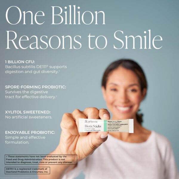 Disolución rápida de probiótico Arbonne BioticSticks en boca