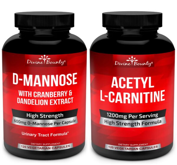 Divine Bounty D-Mannose y Acetyl L-Carnitine, empaque frontal
